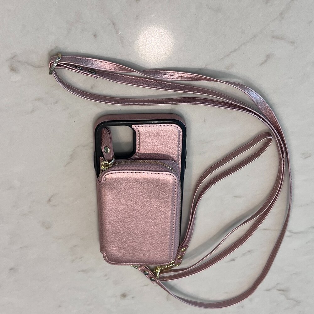 Pink Metallic Wallet Crossbody‎ Phone Case with Card Holder & Zipper 6.25" x 3"